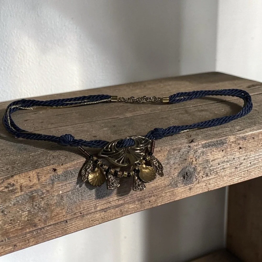 Navy‎ Blue Rope Belt with Gold Shell Charms, Vintage Statement Adjustable Waist